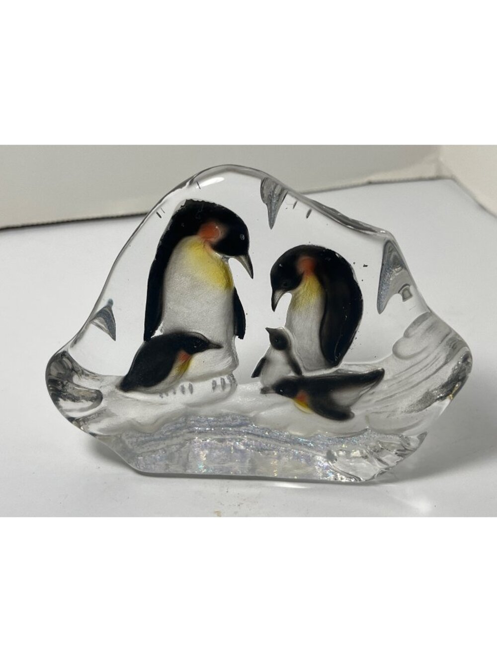 Handcrafted Glass Penguin Family On An Iceberg Sculpture Paperweight